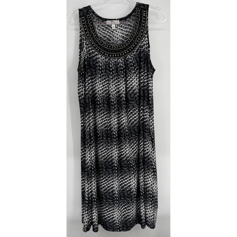 Laila Womens Black White‎ Geometric Beaded Neckline Shift Dress Sz 2X